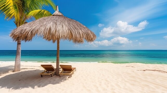 Sunny tropical Caribbean beach with palm trees With Wooden Chairs And Straw Umbrella