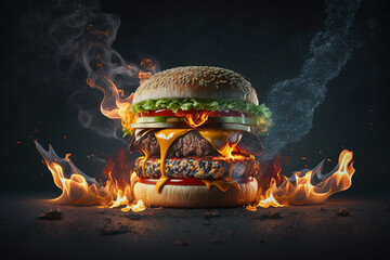 Close-up of home made burgers with fire flames. Generated AI