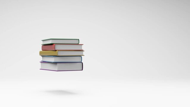 Stack of Colored Books Spinning on a Studio Light Gray Background, Seamless Loop 3D Animation with Copy Space