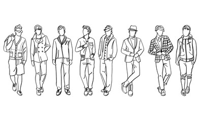 group of people in a row, set of fashionable boys, boys standing in a row, mans sketches,