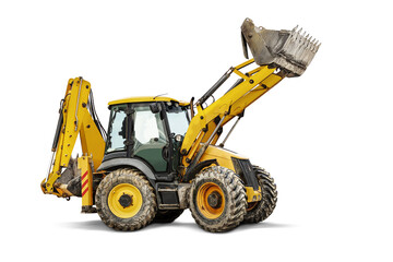 Large wheeled excavator loader or bulldozer on a white isolated background with a bucket raised up. Universal construction equipment. Rental of construction equipment. Contract for construction work. © Anoo
