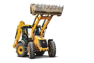 Large wheeled excavator loader or bulldozer on a white isolated background with a bucket raised up. Universal construction equipment. Rental of construction equipment. Contract for construction work.