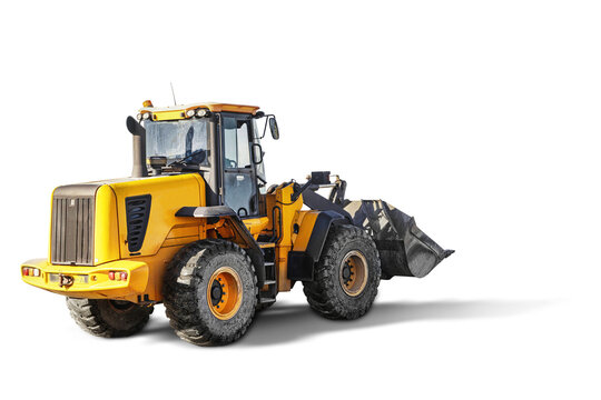 Large wheel loader or bulldozer on a white isolated background. Construction equipment. Element for design. Rental of construction equipment. Contract for construction work. Excavation.