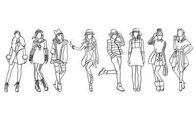 group of people in a row, set of girls in a row fashion, girls sketch's