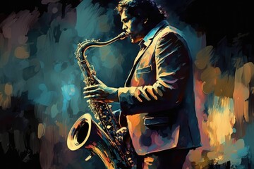 Jazz saxophonist in impressionist art with abstract background.Generative AI - obrazy, fototapety, plakaty