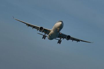 Airplane landing on blue sky background.