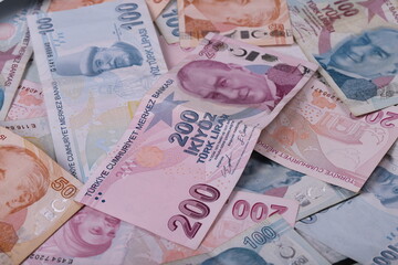 Turkish banknotes. TRY or TL. Numbers macro shot.5,10,20,200 Turkish Lira
