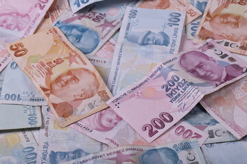 Fototapeta na wymiar Turkish banknotes. TRY or TL. Numbers macro shot.5,10,20,200 Turkish Lira