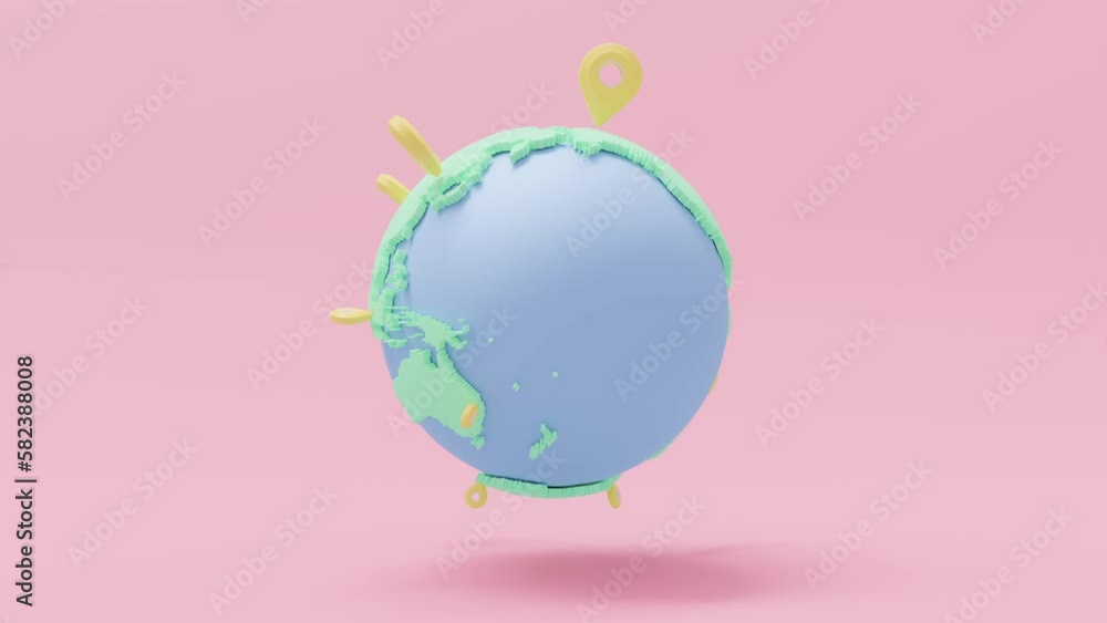 Poster earth globe green blue with yellow pinpoints or pin map. animation revolves around itself seamless l