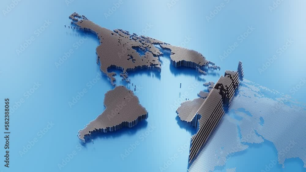 Poster world map mockup and white bars lined up from right to left in ripples animation on blue reflective 