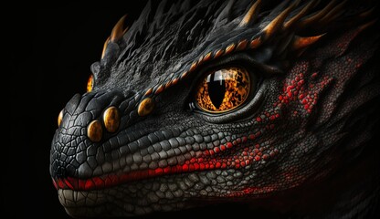 Stunning Close-Up of Black and Red Dragon Head on Dark Background