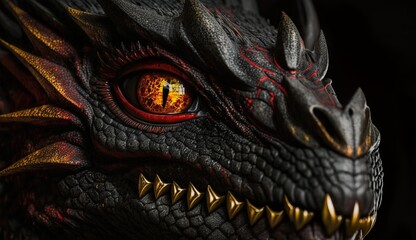 Stunning Close-Up of Black and Red Dragon Head on Dark Background