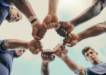 Hands, fist and solidarity with a sports team standing in a huddle for unity or motivation before a...