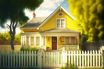 yellow wooden house with veranda enclosed by white picket fence, created with generative ai - obrazy, fototapety, plakaty