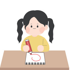 빨간펜으로 그림 그리는 여자 어린이