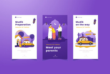 Islamic eid mubarak muslim family tradition illustration for social media stories design