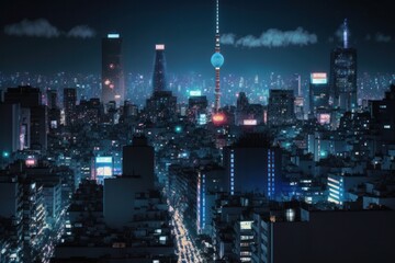 Obraz premium City skyline with a full moon, an illustration of art, Japan Tokyo, Cyberpunk style