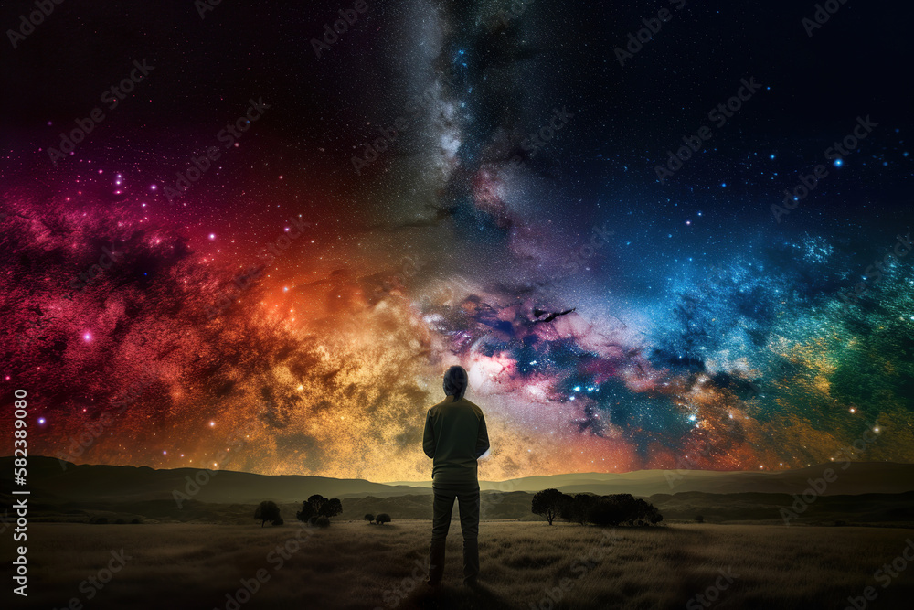 Wall mural silhouette of a person looking the edge of the colorful universe, beautiful abstract landscape, gene