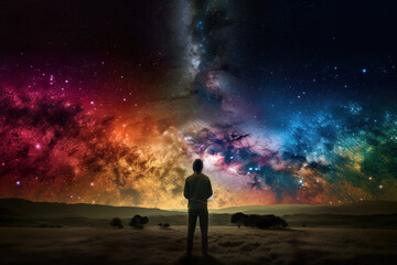silhouette of a person looking the edge of the colorful universe, beautiful abstract landscape, generative ai