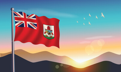 Bermuda flag with mountains and morning sun in background