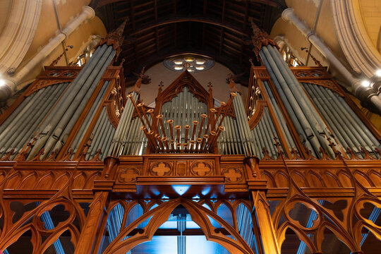 MELBOURNE, AUSTRALIA -  MARCH 10 2023: Famous T C Lewis pipe organ with horizontally protruding trumpets in St Patrick's Cathedral in Melbourne, Victoria, Australia