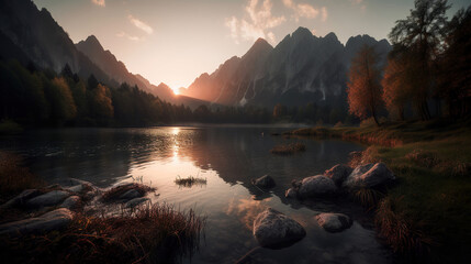 beautiful sunrise over the mountain lake, generative ai