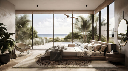 luxury tropical beach apartment suite lounge, overlooking to the ocean, generative ai