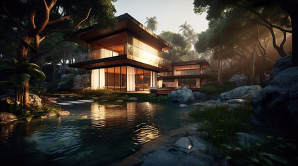 Obraz premium modern luxury villa building in the tropical mountain forest, generative ai