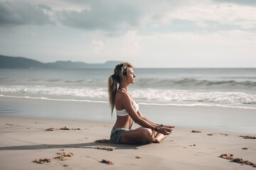 Fototapeta na wymiar beautiful young woman doing relaxing yoga meditation exercise, generative ai