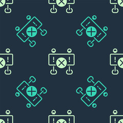 Green and beige Road barrier icon isolated seamless pattern on blue background. Symbol of restricted area which are in under construction processes. Repair works. Vector