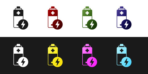 Set Battery icon isolated on black and white background. Lightning bolt symbol. Vector