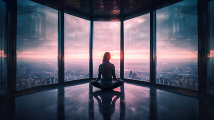 Fototapeta na wymiar silhouette of a beautiful woman meditating in the windows, overlooking to the city, generative ai