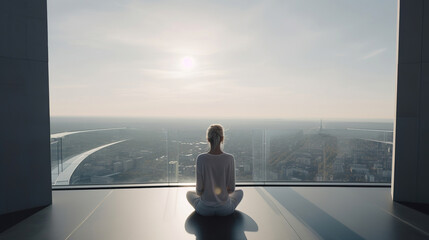 silhouette of a beautiful woman meditating in the windows, doing yoga, overlooking to the city, generative ai