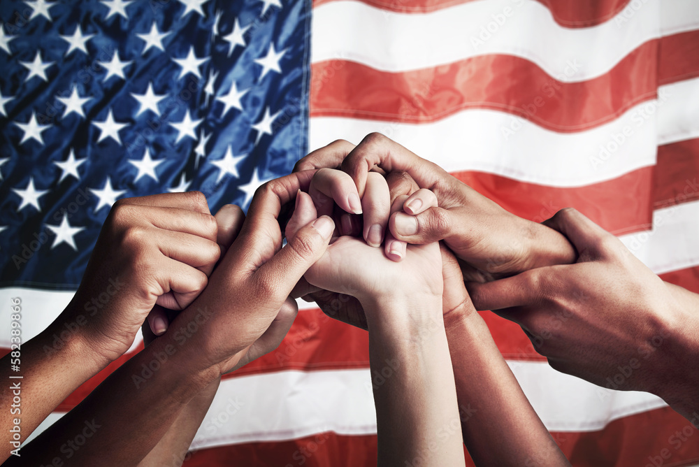 Poster collaboration, unity and hands holding on american flag for community together in teamwork for the c