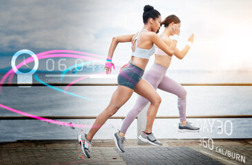 Fitness, women and running with futuristic hologram, training and exercise for wellness, track progress and promenade. Female runners, friends or ladies workout, holographic information or practice