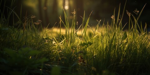 Morning Dew: A Close-Up Look at the Beauty of Grass in the Early Light. Gen AI