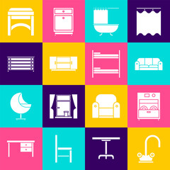 Set Water tap, Kitchen dishwasher machine, Sofa, Bathtub with shower curtain, TV table stand, Chest drawers, Chair and Bunk bed icon. Vector