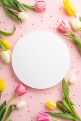 Fototapeta na wymiar Women's Day celebration concept. Top view vertical photo of white circle colorful tulips and sprinkles on isolated pastel pink background with empty space