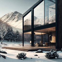 A luxurious minimalist home with large windows, wood, and a winter mountainous backdrop covered in snow.