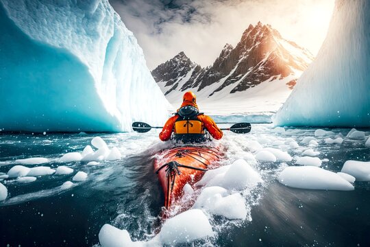 extreme adventure active sports winter kayaking in antarctica, created with generative ai