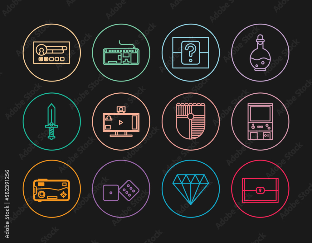 Poster set line chest for game, retro arcade machine, mystery random box, live streaming online, sword, cre