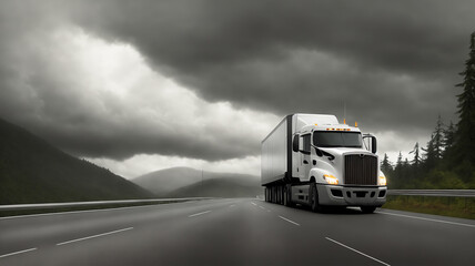 A truck is driving on the road. Dark dramatic landscape as background, gloomy sky with rainy clouds, forest and hill. Generative AI.