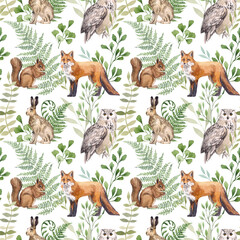 Watercolor seamless pattern with forest animals on a white background. Fox, hare, owl, squirrel illustration. Animals and forest plants, ferns. Design for children's products, textiles, wallpapers.