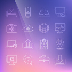 Set line Download, Map pointer with heart, Monitor cardiogram, Upload inbox, Cloud upload, First aid kit, Hospital bed and Layers icon. Vector