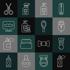 Set line Aftershave bottle with atomizer, Shaving brush, Electrical hair clipper or shaver, Bottle of shampoo, gel foam and, Barbershop, Scissors hairdresser and Hand mirror icon. Vector