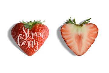 Strawberryロゴ入、ハート型の赤いイチゴ「紅ほっぺ」の切抜き素材