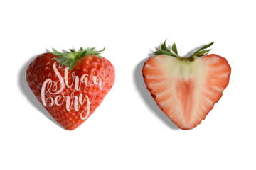 Strawberryロゴ入、ハート型の赤いイチゴ「紅ほっぺ」の切抜き素材