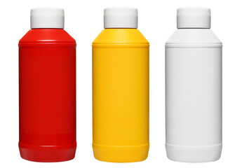 Plastic bottles with ketchup, mustard and mayonnaise, cut out
