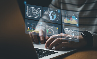 Business person dress in formal suit holding an icon that show the component of Business that do digital transformation for industrial or manufacturing vertical.