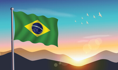 Brazil flag with mountains and morning sun in background